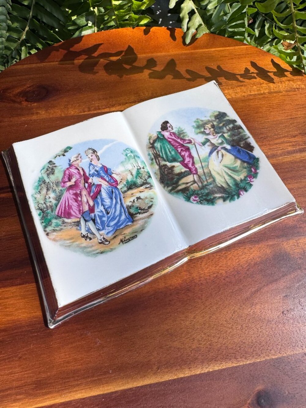 Vintage Porcelain Book Shadow Box Art, Fragonard Courting Couple Rococo Plaque
